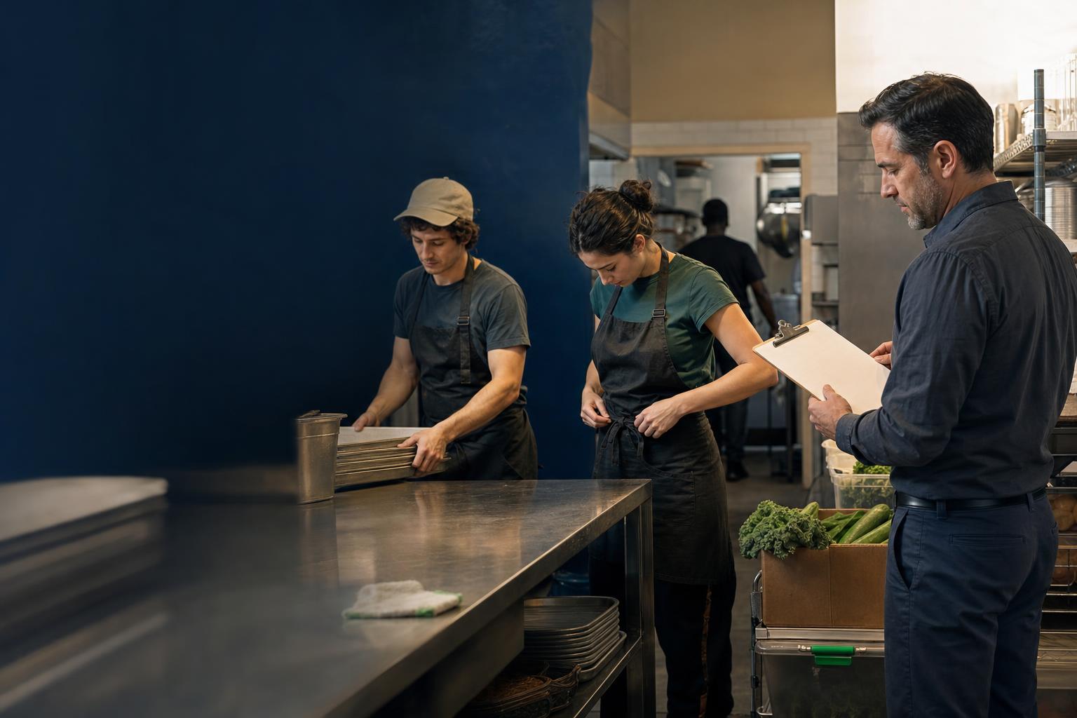 Restaurant manager reviewing paperwork while two employees work in a commercial kitchen.